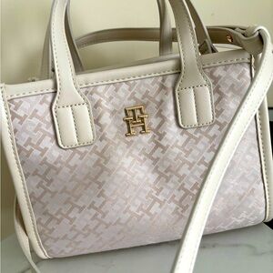 Tommy Hilfiger Cream Satchel with Monogram Pattern!9 by 7.5 inches
